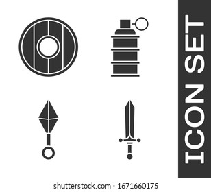Set mittelalterliches Schwert, Rundhölzernschild, japanische Ninja-Shuriken und Handgranatsymbol. Vektorillustration
