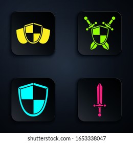 Fije la espada medieval, escudo, escudo y escudo medieval con espadas cruzadas. Botón cuadrado negro. Vector