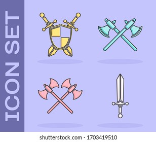 Das mittelalterliche Schwert setzen, mittelalterliche Schild mit gekreuzten Schwertern, mittelalterliche Äxte überqueren und mittelalterliche Äxte Symbol überqueren. Vektorillustration