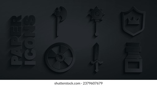 Set Mittelalterliches Schwert, Schild mit Krone, Rundhölzerner Schild, Gift in Flasche, gekettete Axt-Kugel und Axt-Symbol. Vektorgrafik