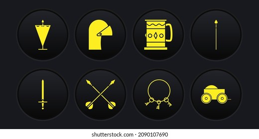 Set Medieval sword, spear, crossed arrows, Old keys, Wooden mug, iron helmet, four-wheel cart and flag icon. Vector