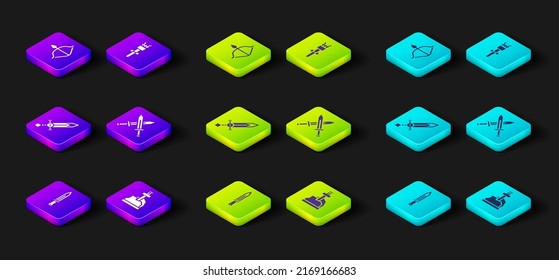 Set Medieval sword, Sword in the stone, Crossed medieval, Torch flame and bow and arrow icon. Vector