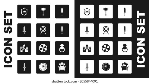 Fijar la espada medieval, el objetivo con flecha, la corona Escudo, el martillo, el veneno en la botella y el castillo, el icono de la fortaleza. Vector