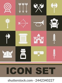 Set Medieval sword, throne, Crossed medieval axes, bow and arrow, chained mace ball, Target with and Trumpet icon. Vector