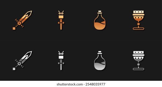 Set espada medieval, llama de antorcha, botella vieja de vino y copa icono. Vector