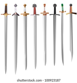 Set of medieval swords with different hilts ( vector illustrations).