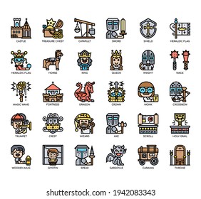 Conjunto de iconos de línea delgada medieval y píxeles perfectos para cualquier proyecto web y de aplicación. 