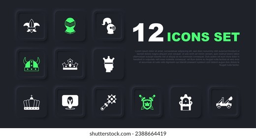 Establezca el trono medieval, catapulta, corona de rey, escudo con espadas, casco con cuernos vikingos e icono de las espigas de mace. Vector