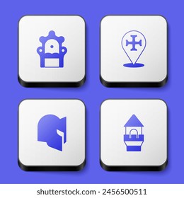 Set Medieval throne, Crusade, helmet and Castle tower icon. White square button. Vector