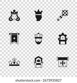 Conjunto de trono medieval, cruzada, rey con corona, púas mazas, princesa o reina, e icono de bandera. Vector