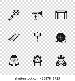 Set Medieval throne, Crusade, Princess or queen, Battle hammer, Antique treasure chest, Mace with spikes, Trumpet flag and arrows icon. Vector