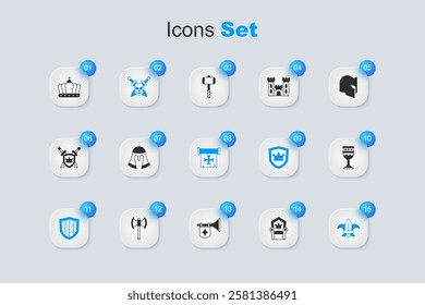 Set Medieval throne, helmet, Skull with sword, Shield, Fleur de lys lily flower, goblet, King crown and Crusade icon. Vector