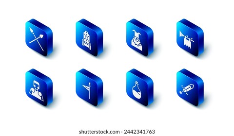 Set Medieval throne, Joker head, Trumpet with flag, sword, Old bottle of wine, knight and Crossed medieval spears icon. Vector