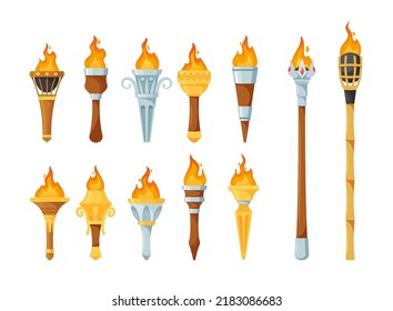 Set of Medieval Torches With Burning Fire. Ancient Metal And Wooden Brands Of Different Shapes With Flame. Elements For Pc Game, Flaming Torchlight Or Lighting Flambeau. Isolated Cartoon Vector Icons