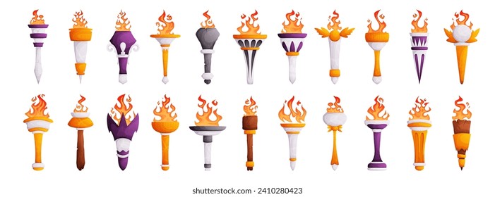 Set of Medieval torches with burning flames. Antique stone, marble, gold and wooden torches of various shapes with fire. Cartoon elements for a computer game, flaming torch.