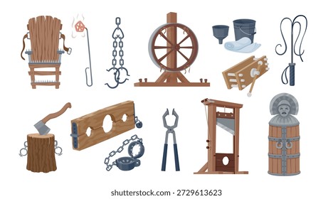 A set of medieval torture instruments on a white background. These instruments demonstrate the methods used in the medieval period for punishment and interrogation.