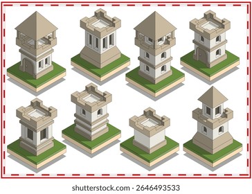 Set of medieval towers. Isometric. Isolated on white background. Vector illustration.