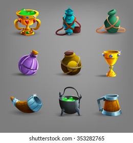 Set of medieval vessel icons. Flask, goblet, pot, mug, bottle. Vector illustration.