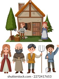 Set of medieval villager cartoon character illustration