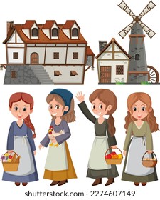 Set of medieval villager cartoon character illustration