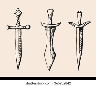 Set of the medieval weapon. Equipment. Hand drawing vector.scalpel Sword, set of swords