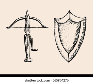 Set of the medieval weapon. Equipment. Hand drawing vector. 
crossbow 
shield