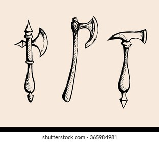 Set Of The Medieval Weapon. Equipment. Hand Drawing Vector.axe Hammer