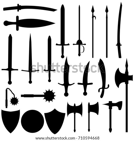 Set of medieval weapons. Antique swords, axes, spears. Black arms on white background. Vector isolated elements.