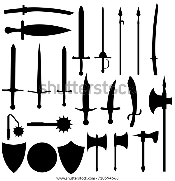 Set of\
medieval weapons. Antique swords, axes, spears. Black arms on white\
background. Vector isolated\
elements.