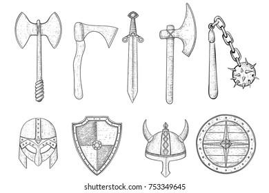 Set of medieval weapons and armor. Hand drawn sketch. Vector illustration isolated on white background