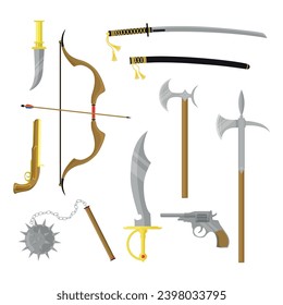 Juego de armas medievales al estilo de las caricaturas. Ilustración vectorial de bellas armas vintage diferentes: cuchillo, arco, granada, espada, sable, pistola, revólver, hacha aislada en fondo blanco
