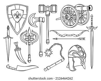 Set of medieval weapons. Collection of  knight equipment swords with shield, military helmet, cannon. Vector illustration isolated on white background.