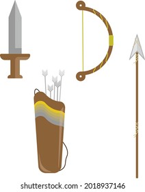 Set of medieval weapons, including a sword, a bow, a quiver with arrows, and a spear. Minimalist style, flat design. Wood (brown), iron (grey), and gold (yellow). 