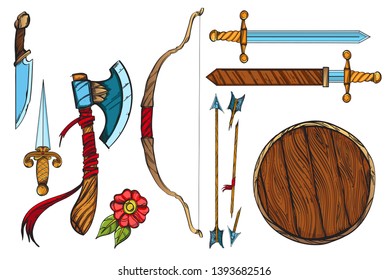 Set of medieval weapons on a white background. Cartoon style.