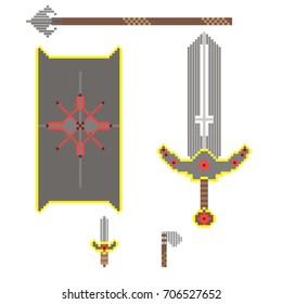 A set of medieval weapons in pixel style - a sword, shield, hatchet and spear for 8-bit computer or console games