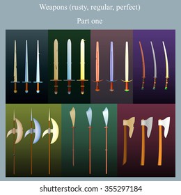Set of medieval weapons for role-playing games / The set of bladed weapons in three states (rusty, new, perfect)