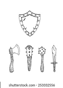 Set of medieval weapons. Shield, axe, sword, mace. Sketch on white backround. Vector illustration.