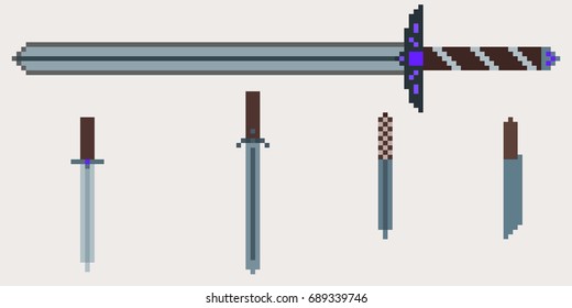 A set of medieval weapons - a two-handed sword and several daggers and knives. Pixel illustration for computer and console games