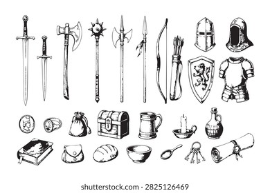 Set of medieval weapons and vintage fantasy adventure items isolated on white background, Vector