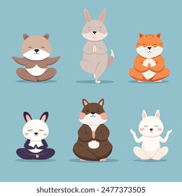 Set of meditating animals. Cute cartoon animals practice yoga. Vrikshasana, tree pose, namaste asanas. Yoga animals for stickers, design, printing.