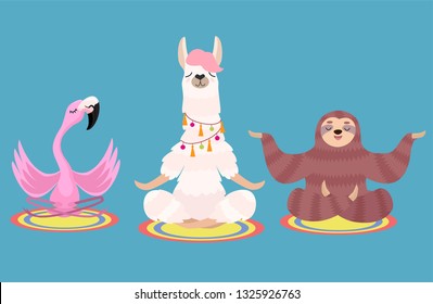 Set of meditating animals: sloth, llama and flamingo isolated on a blue background. Vector illustration.