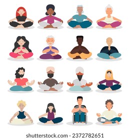 Set of meditating diverse people, sitting in lotus pose. Simple flat style of vector illustration. Meditation for everyone.