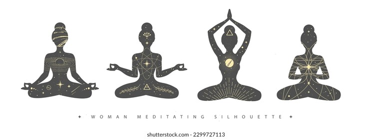 Set of meditating woman silhouettes with outer space, universe, sun, moon, stars and planets inside. Vector illustration