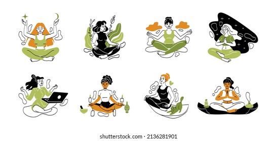 Conjunto de mujeres meditadoras. Las personajes femeninas se sientan en posición de loto, relajan y restauran la energía. Yoga para lograr armonía con el cuerpo y la mente. Colección vectorial plana de dibujos animados aislada en fondo blanco