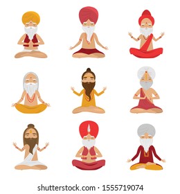 Set of meditating yogi men characters in the lotus position. Vector illustration in flat cartoon style.