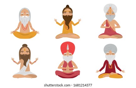 Set of meditating yogi men characters in the lotus position. Vector illustration in flat cartoon style.