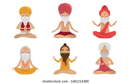 Set of meditating yogi men characters in the lotus position. Vector illustration in flat cartoon style.