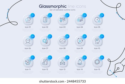 Set of Meditation eye, Tanning time and Stress line icons for web app. Checklist, Patient, Car charging icons. Medical tablet, Fitness, Coronavirus vaccine signs. Timer. Glassmorphism buttons. Vector