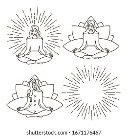 set of meditation girls glow chakras yoga lotus position logo for yoga studio vector