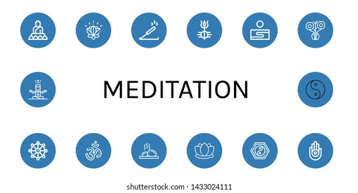 Set of meditation icons such as Buddha, Lotus, Incense, Shiva, Thalassotherapy, Aromatic, Buddhism, Om, Lithotherapy, Yin yang, Jainism, Yoga, Ying yang , meditation